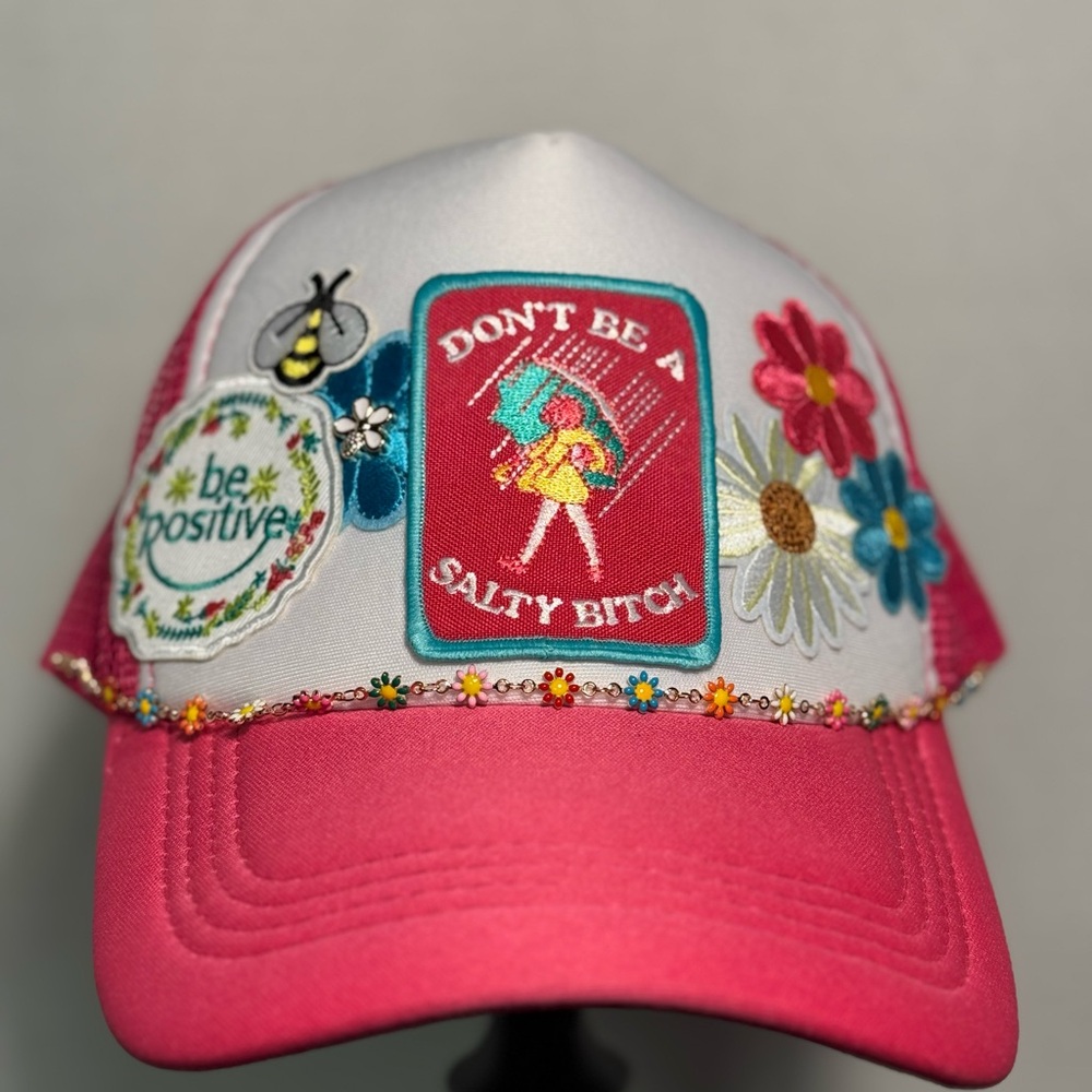 Pink and White Embroidered Cap